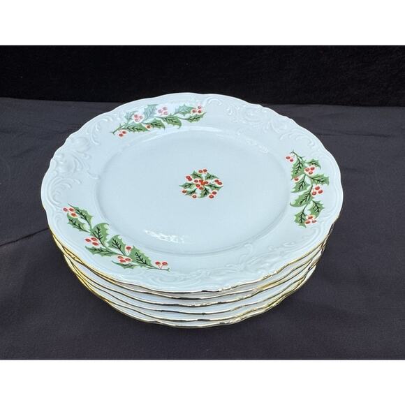 Vintage Royal Kent Christmas Holiday Holly Poland 6 3/4” Bread Plate Set Of 8 - Picture 1 of 8